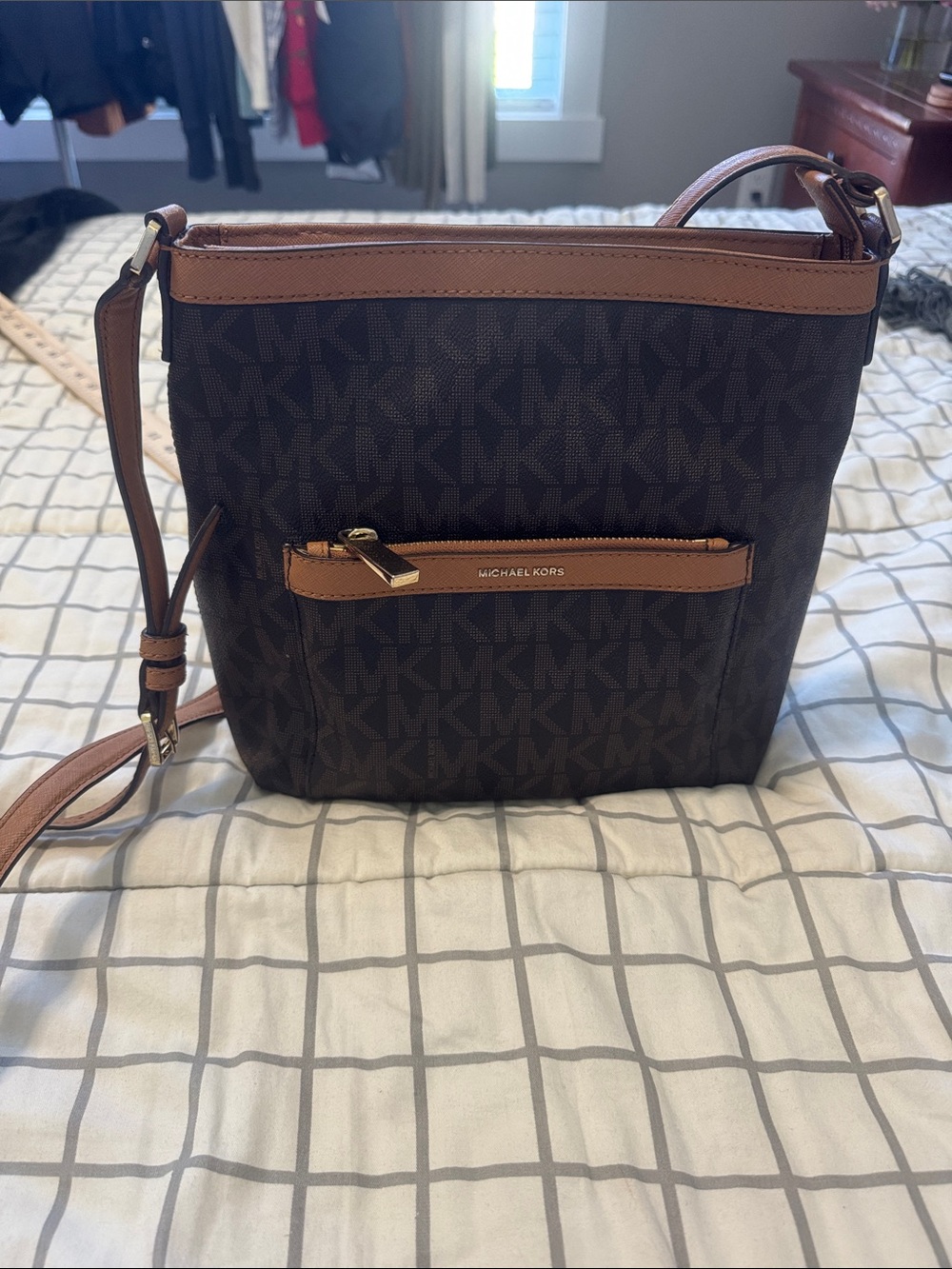 Michael Kors Dark Brown MK Logo Crossbody with Tan Trim